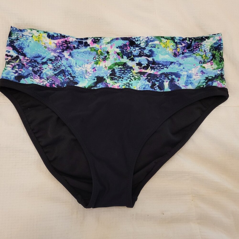 NWT Profile Blue Aqua Green Purple Print over Black 2 Piece Bikini Set - 8 - Picture 7 of 10